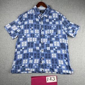 Nat Nast Silk Blend Shirt Large Blue Geometric Button Up Short Sleeve Mens